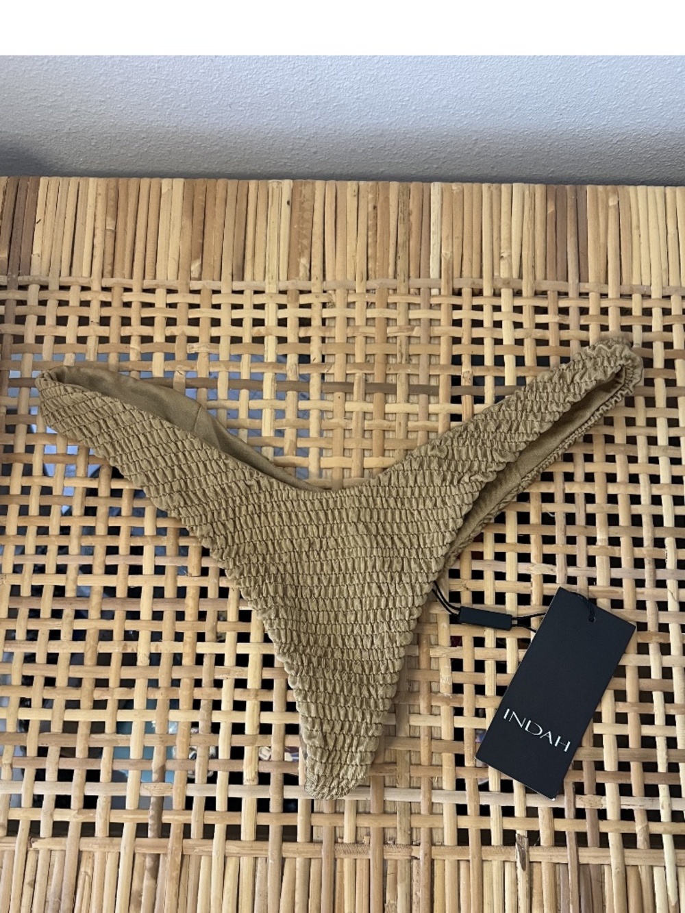 Indah Golden Tan Smocked Bikini Bottoms S NWT